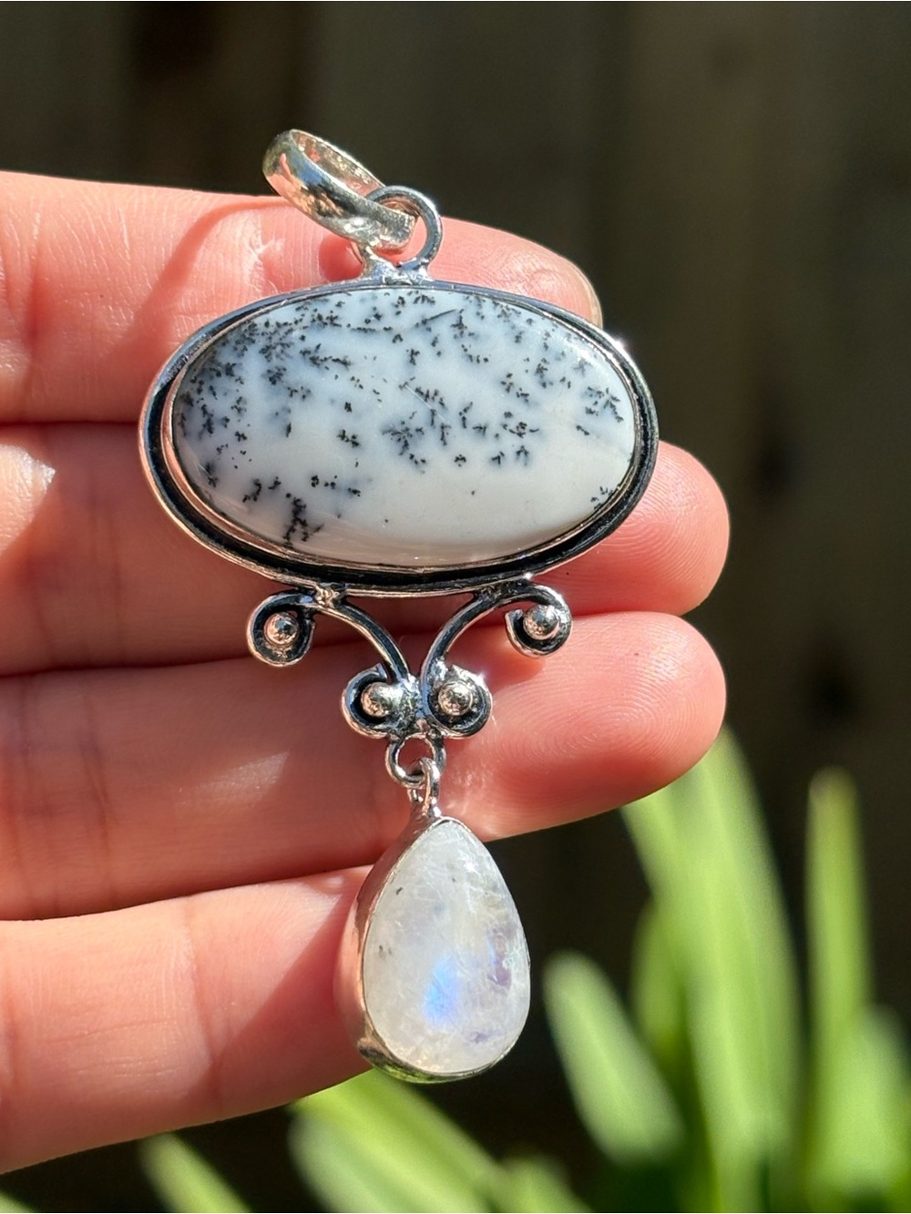 Artisan Dendritic Opal and Moonstone Sterling Silver Plated Pendant ZZPD00022